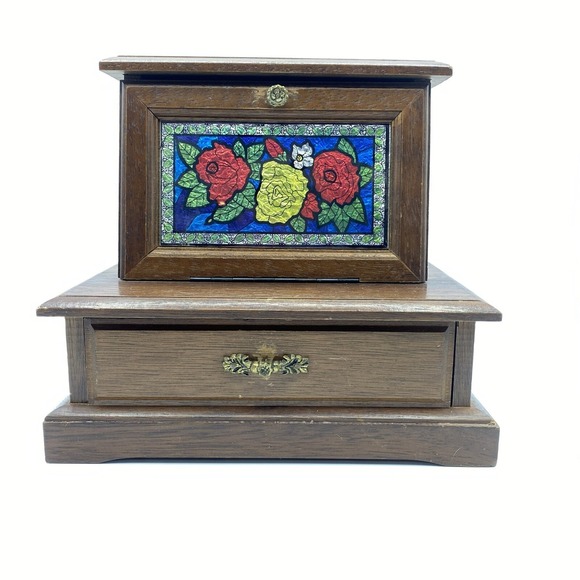 Other - Vintage Wooden Jewelry Music Box, Made In Japan, Floral Roses Stained Glass Look